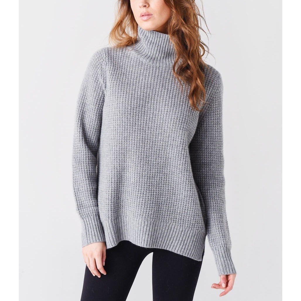 White + Warren Cashmere Waffle Standneck Sweater Womens Medium Gray Turtleneck